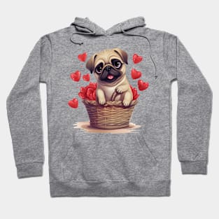 Cartoon Pug Dog in Hearts Basket Hoodie